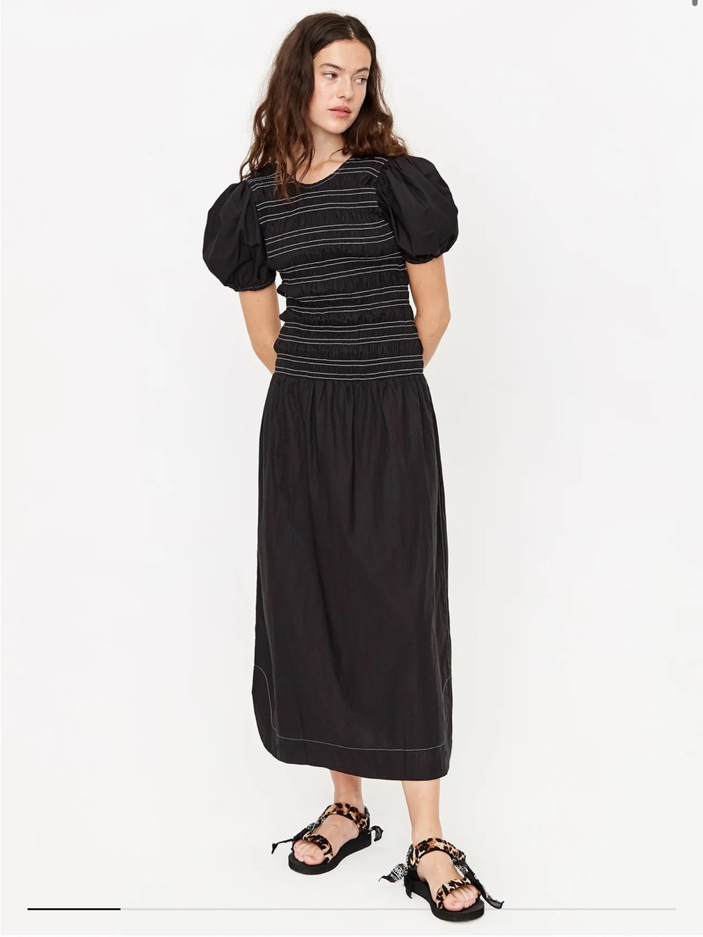 Ganni Black Puff-Sleeve Smocked Midi Dress